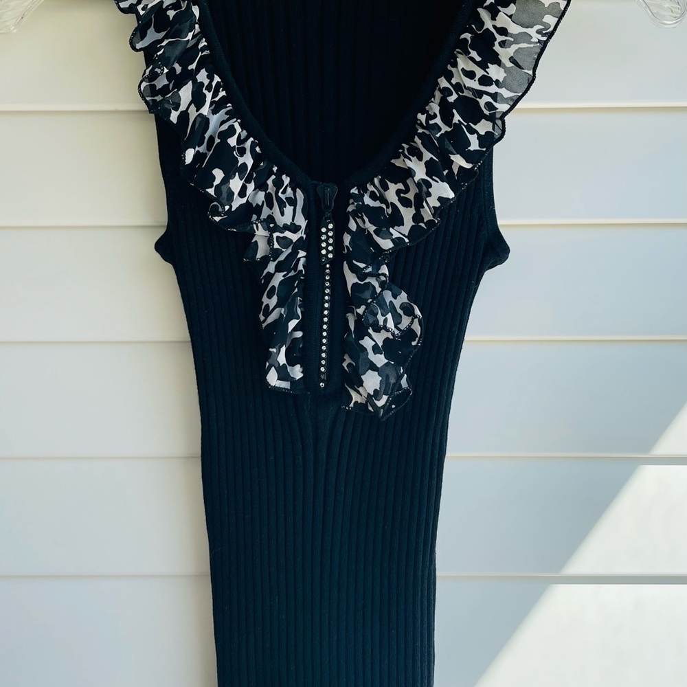 Belldini- Black ribbed Sleeveless Top with leopard Ruffles & rhinestone zipper